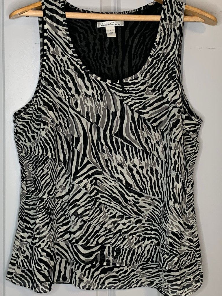 Kenneth Cole Animal Print Sleeveless Ruffle/Layered Front Top, Size 12